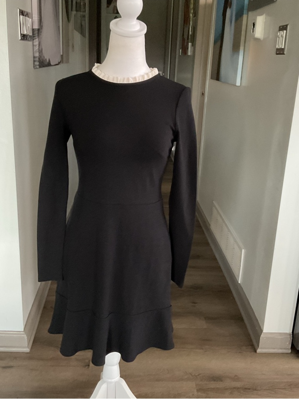 LOFT Black Long-Sleeve Fit-and-Flare Dress with Cream Ruffled Neck